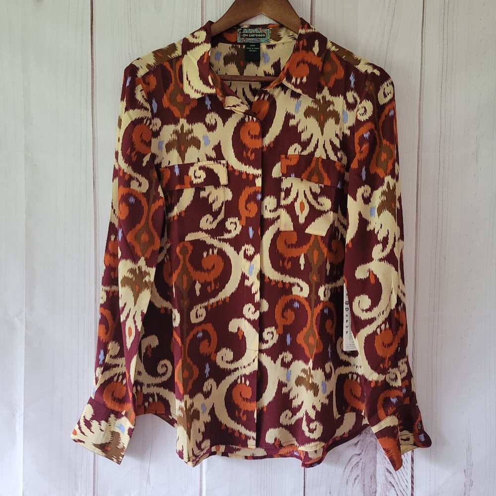 NWT 2OH Threads Two Old Hippies 100% Silk, Long Sleeve Button Front Shirt, M,
